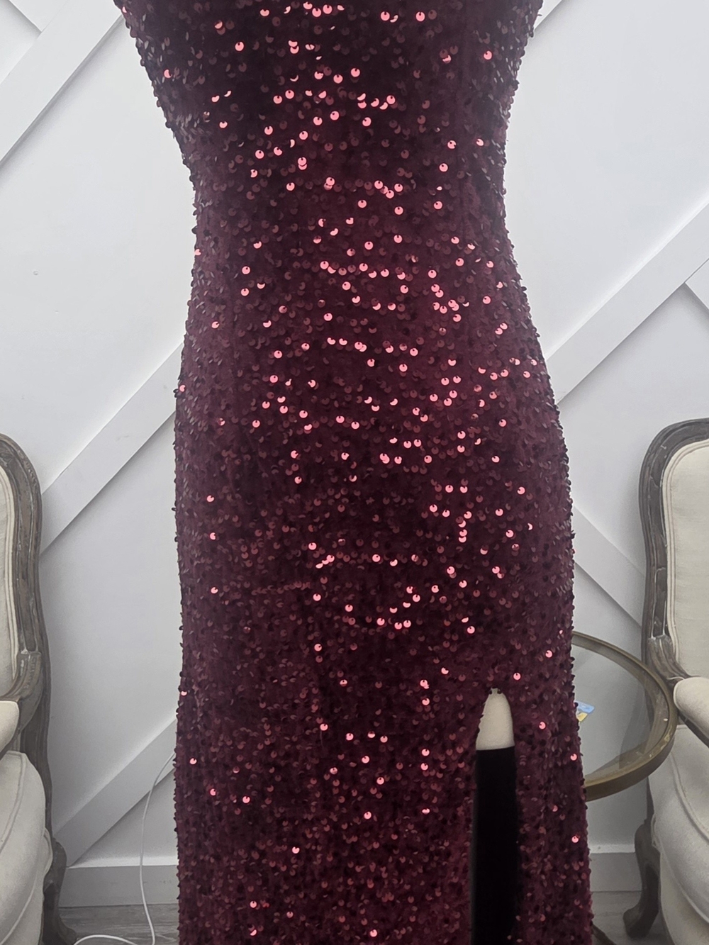 Emerald Sundae Burgundy Sequin Asymmetrical Evening Dress